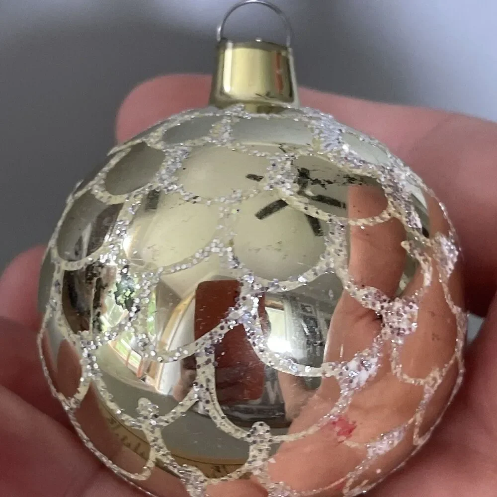 Vintage Hand Painted Blown Glass Christmas Ornament Gold With Scalloped Glitter